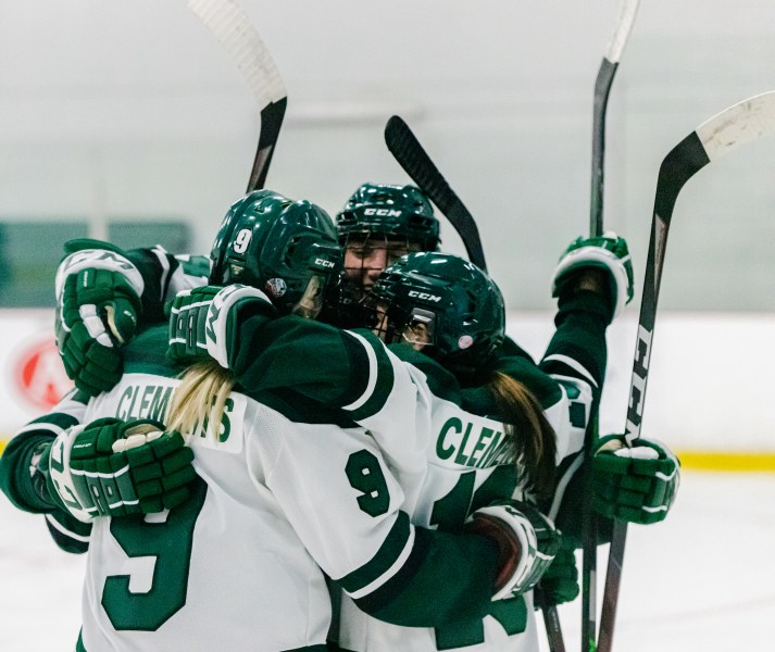 A group of female hockey players in green and white Panthers uniforms celebrate a goal mid-ice