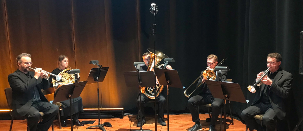 Members of the Maritime Brass Quintet from left: Curtis Dietz (trumpet), Gina Patterson (horn), Bob Nicholson (tuba/bass trombone), Dale Sorensen (trombone) and Richard Simoneau (trumpet).