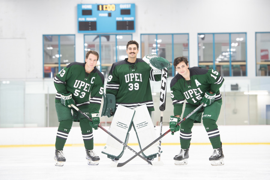 UPEI Men’s Hockey Panthers Kurtis Henry, Jonah Capriotti, and Kaleb Pearson