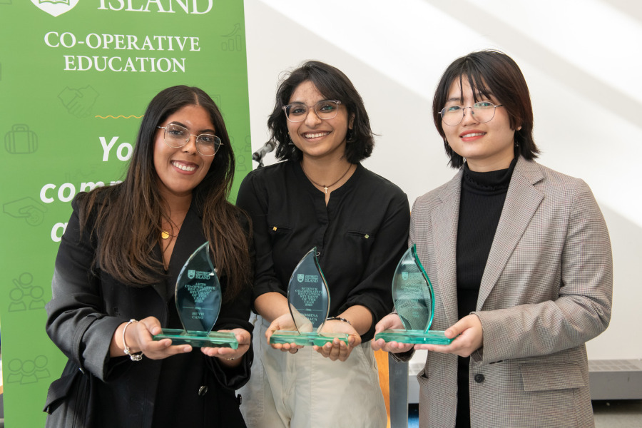 Winners of the 2023 UPEI Co-op Student Awards: Ruth Cano, UPEI Arts Co-op Student of the Year; Roshna Roby, UPEI Science Co-op Student of the Year; and Sev Thi, UPEI Business Co-op Student of the Year