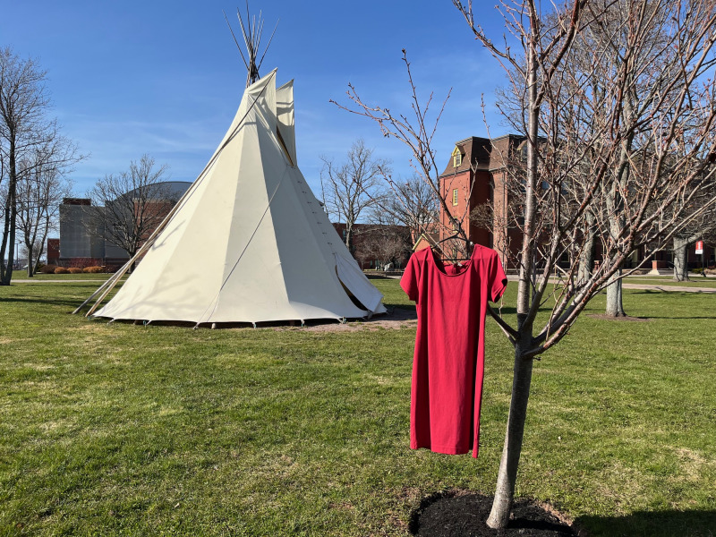 photo of a red dress hanging on a tree in front of a tipi