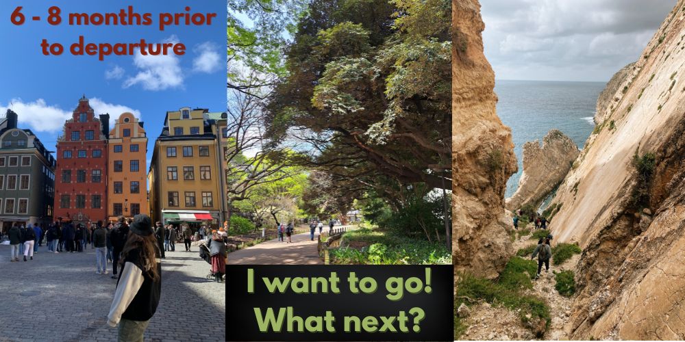 a collage of three photos of travel locations with the words "6 to 8 months prior to departure - I want to go! What next?"