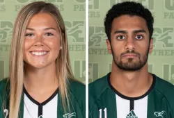 A female and male soccer player