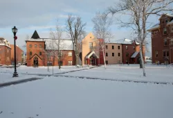 A snowy winter scene on campus