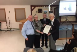 Left to right: The late George O’Connor, past-president of the BIS PEI; Mary Ellen Callaghan, current president; Patrick Fitzgerald, also a past-president; and the late Dr. Brendan O’Grady, BIS Patron, at the BIS in 2017. O’Connor was accepting the Dr. Brendan O’Grady Celtic Pathway Award at the BIS. Photo courtesy of Mary Ellen Callaghan.