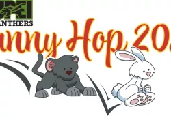 A cartoon image of a baby panther chasing a bunny with the words "Bunny Hop 2021" above them
