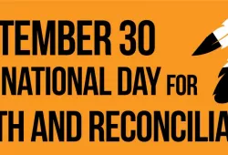 Graphic with eagle feathers that reads, September 30 is the National Day for Truth and Reconciliation