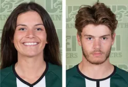 Side-by-side headshots of a female and a male soccer player
