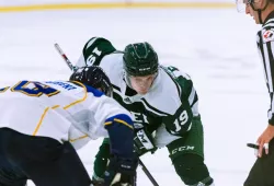 A male hockey player in green and white Panthers gear prepares to take a face-off against an opposing player