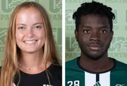 Side-by-side headshots of a female and a male student athlete in Panthers gear