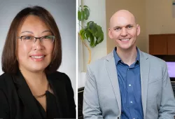 Side-by-side headshots of a female and a male professor in a professional office environment