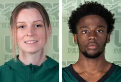 side by side portrait photos of female and male student-athletes