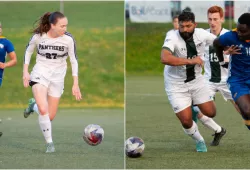 photo collage of a woman and a man playing soccer
