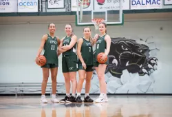 (L-R) UPEI Women’s Basketball Panthers Lauren Rainford, Devon Lawlor, Sydney Cummins, and Grace Lancaster