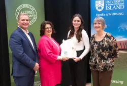 Hon. Mark McLane, Minister of Health and Wellness; Dr. Patrice Drake, Interim Associate Dean, UPEI Faculty of Nursing; Bridget Judson, first-year nursing student; and Tara Judson, Interim UPEI Vice-President Administration and Finance, and mother of Bridget.