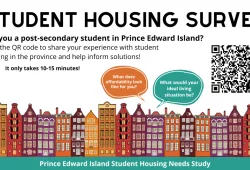 graphic with text and QR code promoting student housing survey