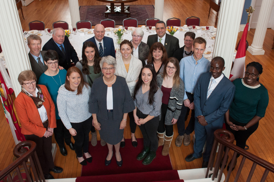 Shown above are: (Front row) Carolyn Francis, Faculty of Education; Hannah Hone, DVM student; Her Honour, The Honourable Antoinette Perry; Chantal Doyle and Ashley Kroyer, DVM students; Daniel Wambua Muasya and Sarah Muthee, UPEI graduate students from Kenya; (Centre row) Dr. Charlene VanLeeuwen, Applied Human Sciences; Julia Heckbert and Madi Brauer, foods and nutrition students; Dr. Jennifer Taylor, Applied Human Sciences; Lee Wesselius, DVM student; (Back row) Dr. John VanLeeuwen, AVC; Ken Mellish, Farmers Helping Farmers; Dr. Greg Keefe, Dean of AVC; Teresa Mellish, Farmers Helping Farmers; Dr. Alaa Abd-El-Aziz, President and Vice-Chancellor of UPEI; Dr. Nola Etkin, Interim Dean of Science. Lunch attendees