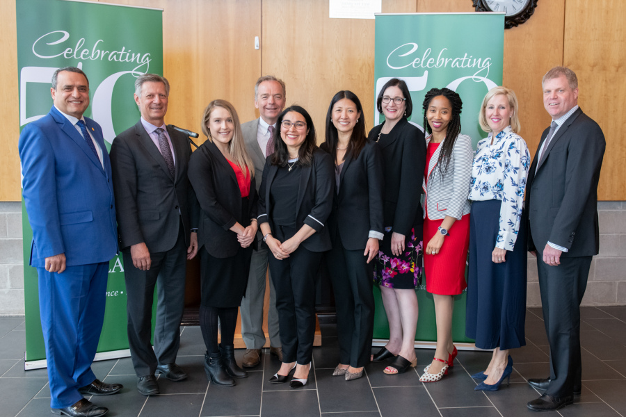 UPEI and Janssen Inc. representatives kick-off the JPEI-HIP project, led by Dr. Montelpare, fourth from left. UPEI President Abd-El-Aziz and Janssen Inc. President Chris Halyk are at far left. UPEI and Janssen Inc. representatives