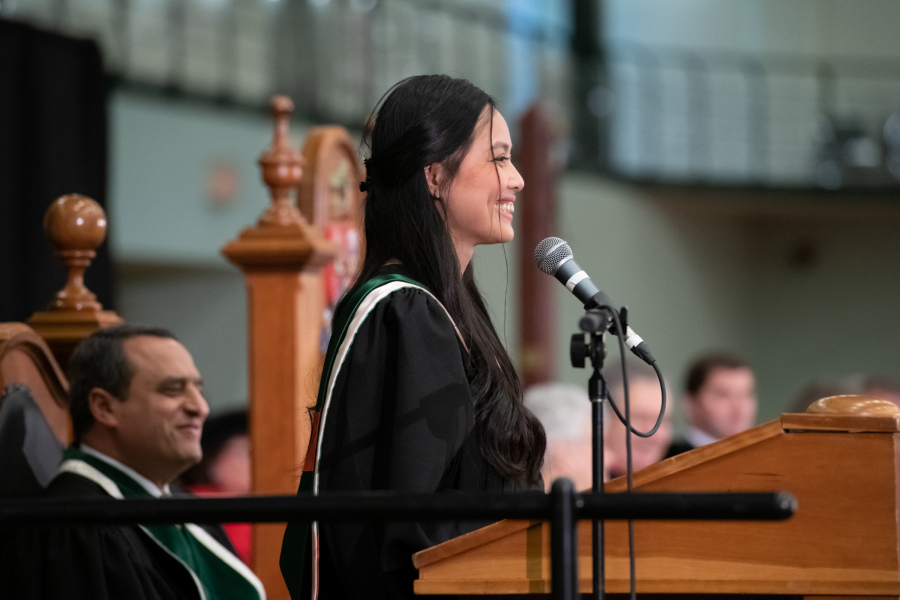 Marie-Antoinette Pangan, valedictorian at UPEI’s Convocation ceremony on May 10, is one of the speakers at the event. Pangan came from the Philippines ten years ago and graduated this year with her Bachelor of Science in nursing. Marie-Antoinette Pangan speaks at convocation 2019.