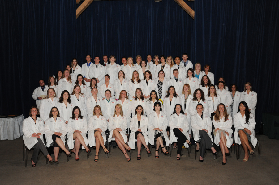 Members of the AVC Class of 2009 pose after receiving their white coats ten years ago, signifying their transition from veterinary students to veterinary professionals. AVC Class of 2009 at their White Coat ceremony ten years ago