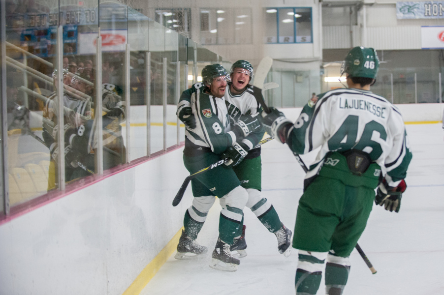 Three hockey players celebrate a goal