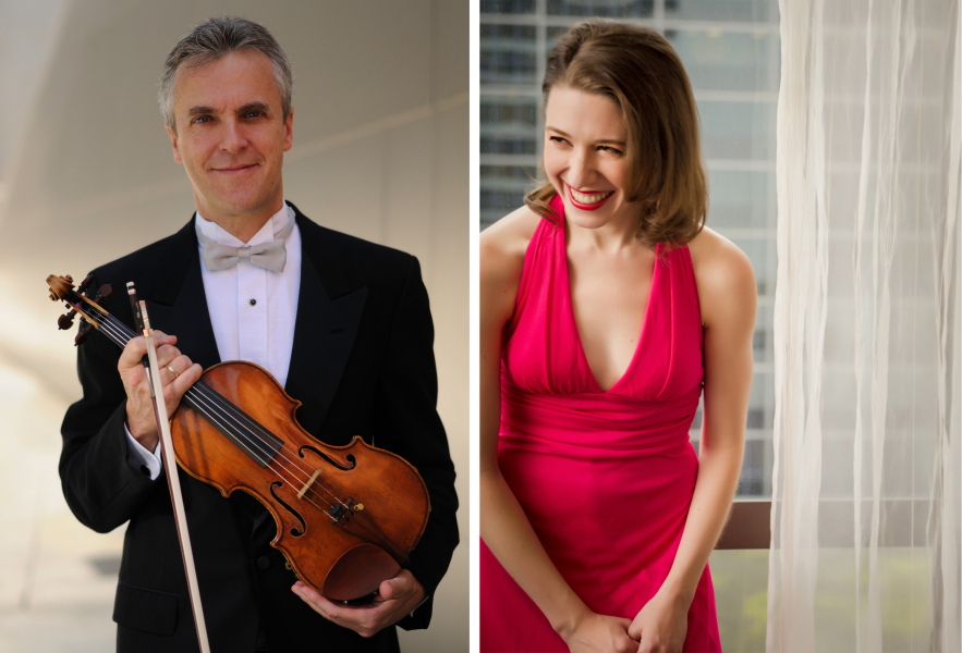 Martin Chalifour and Sara Hagen A well-dressed man holding a violin and a woman in a red dress