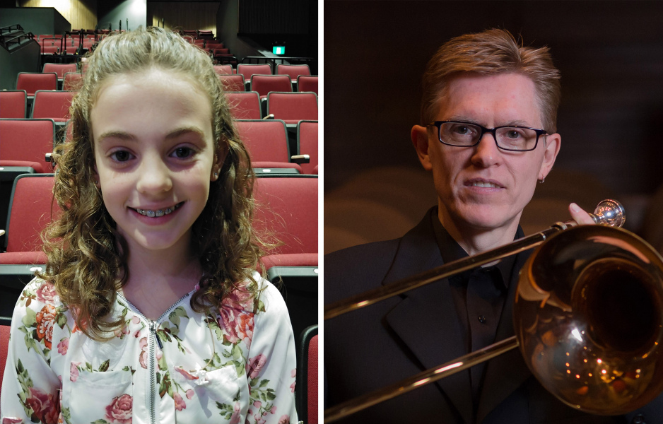 Narrator Joanna Forbes and solist Dr. Dale Sorensen Portraits of a young girl and a man with a trombone