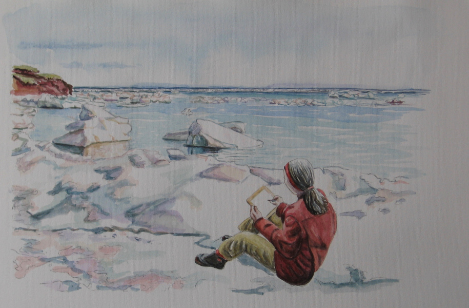 Self-portrait at White Sands, PEI, by Brenda Whiteway A painting of a woman sitting on a shore