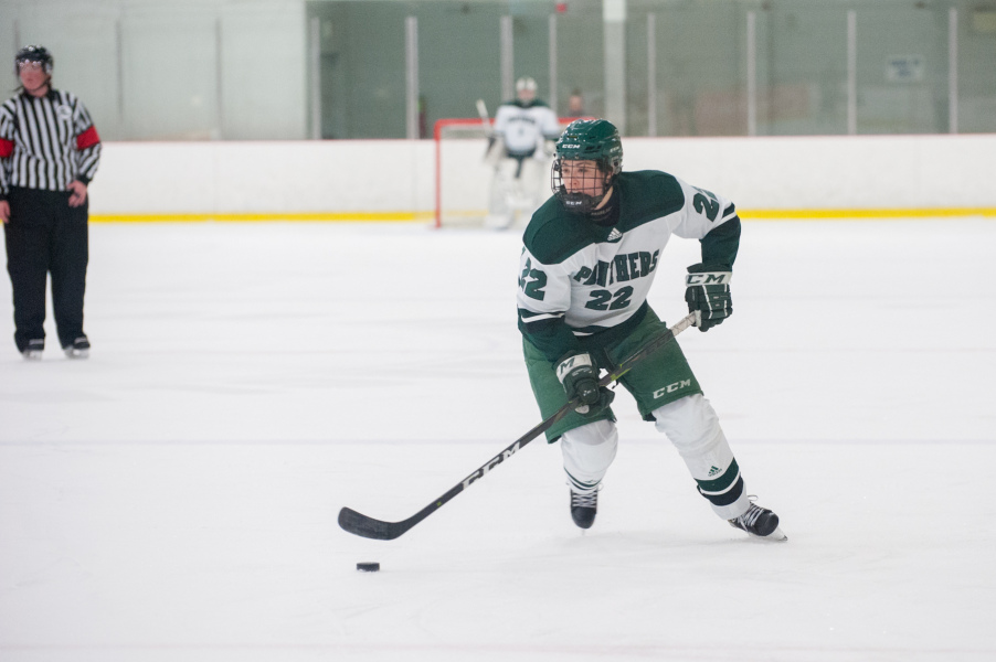 A female hockey player skates down the ice