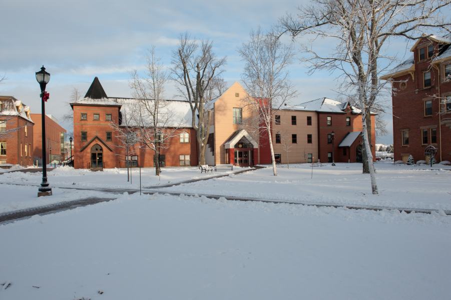 A snowy winter scene on campus