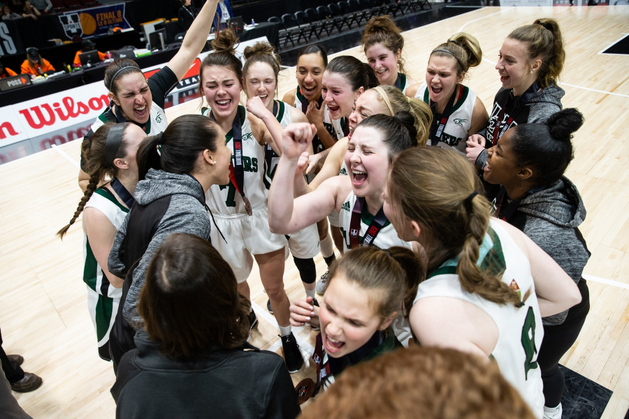 U SPORTS photo by Greg Mason UPEI's women's basketball team celebrates its big win