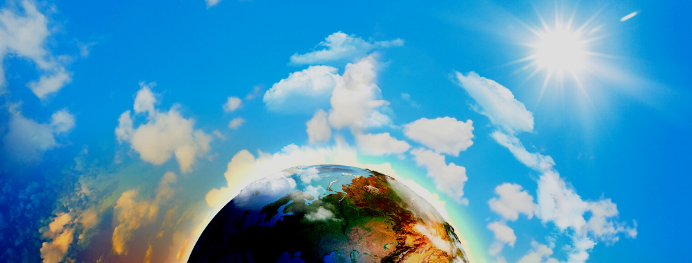 A stylized image of the Earth with clouds