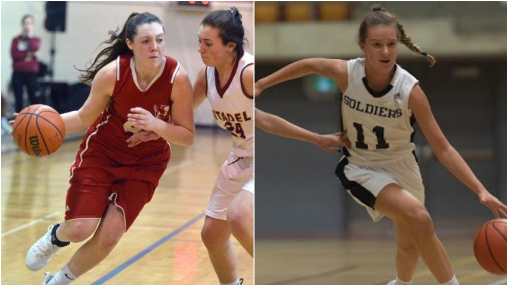 Two photos of female basketball players