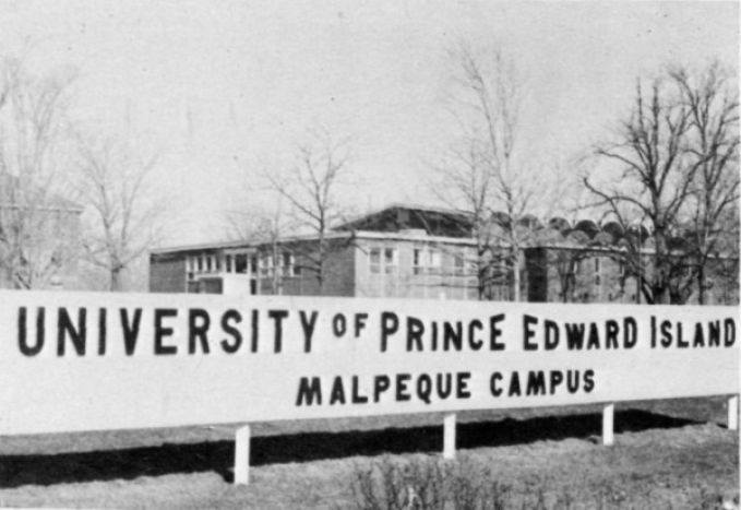 A black and white image of the front of UPEI campus from 1969