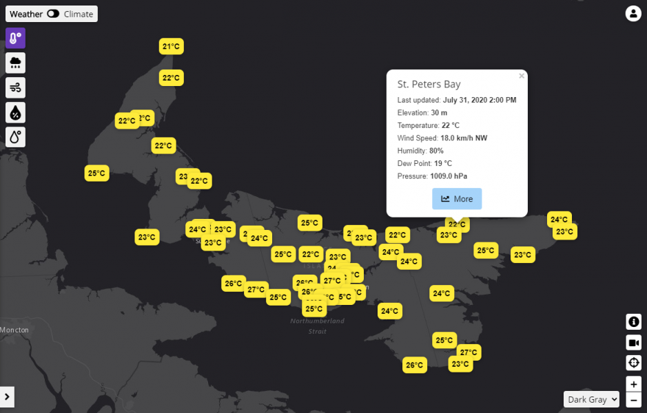 Screen shot from the PEI weather and climate application