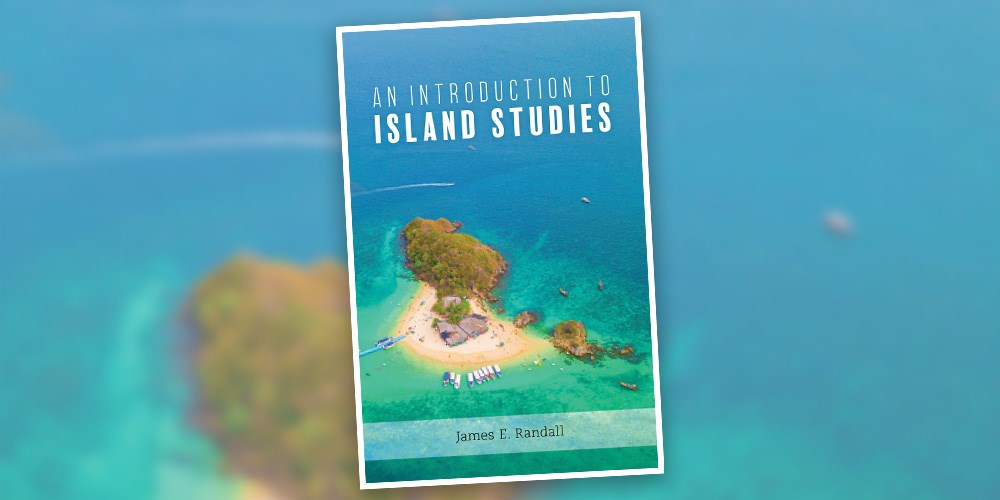A book cover for An Introduction to Island Studies featuring an overhead photo of a small tropical island