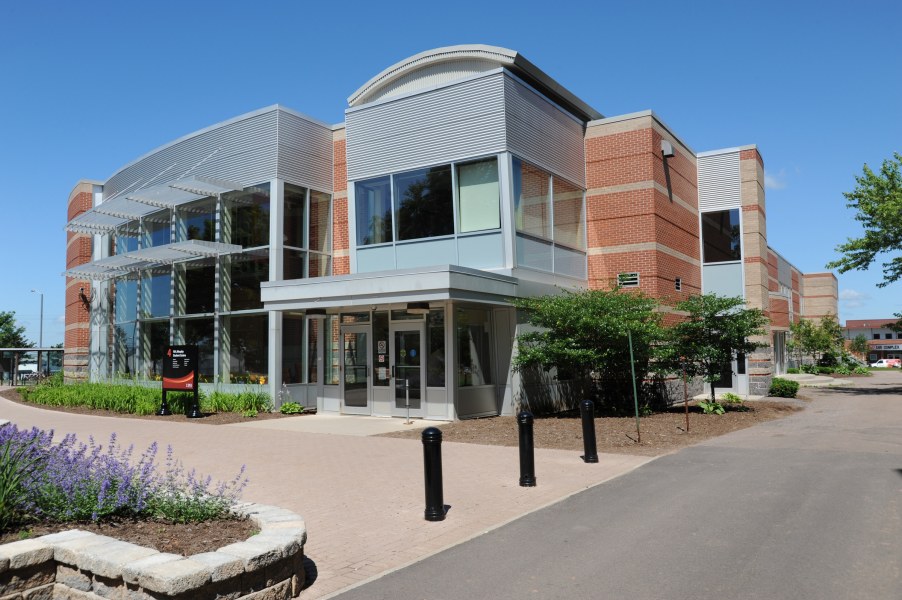 The UPEI Health and Wellness Centre is in the W.A. Murphy Student Centre A building with large windows and details in brick