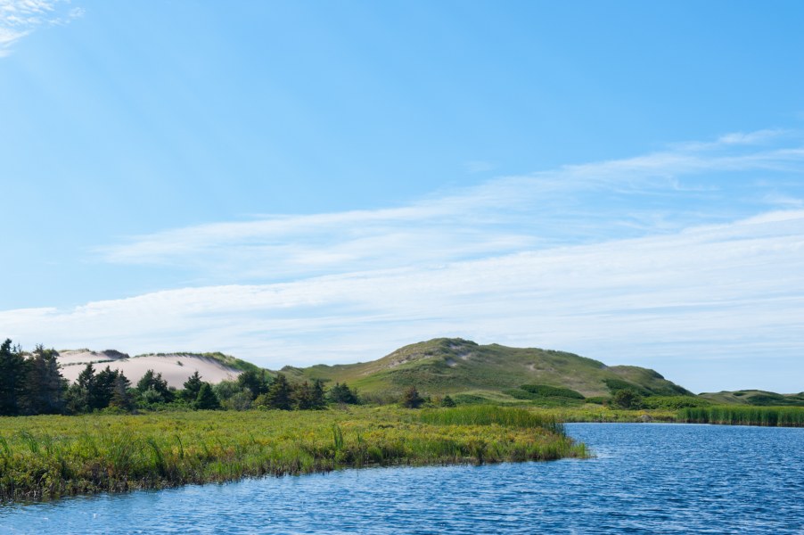 A grassy hill in the background with water in the foreground