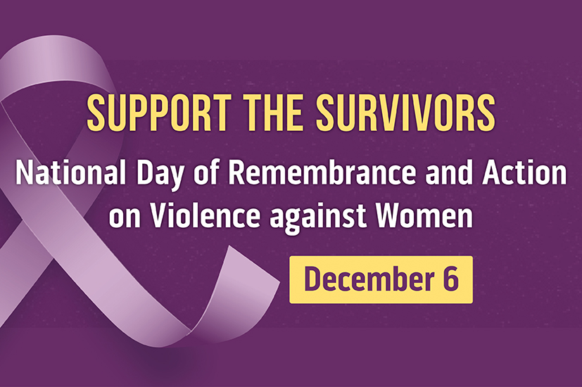 A graphic image which reads: SUPPORT THE SURVIVORS. National Day of Remembrance and Action on Violence against Women, December 6