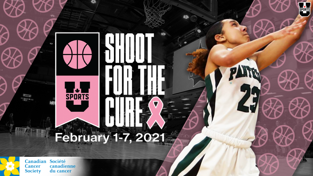 An edited graphic with a female basketball player beside the logo for Shoot for the Cure