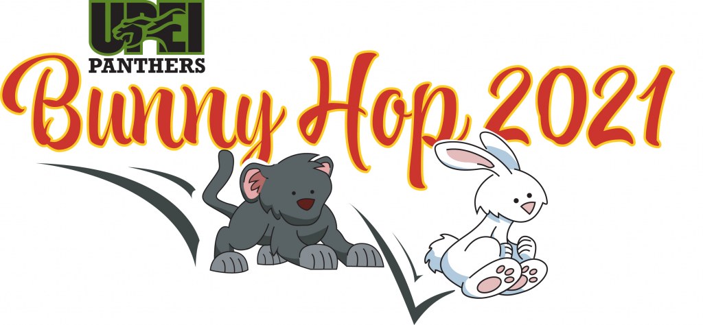 A cartoon image of a baby panther chasing a bunny with the words "Bunny Hop 2021" above them