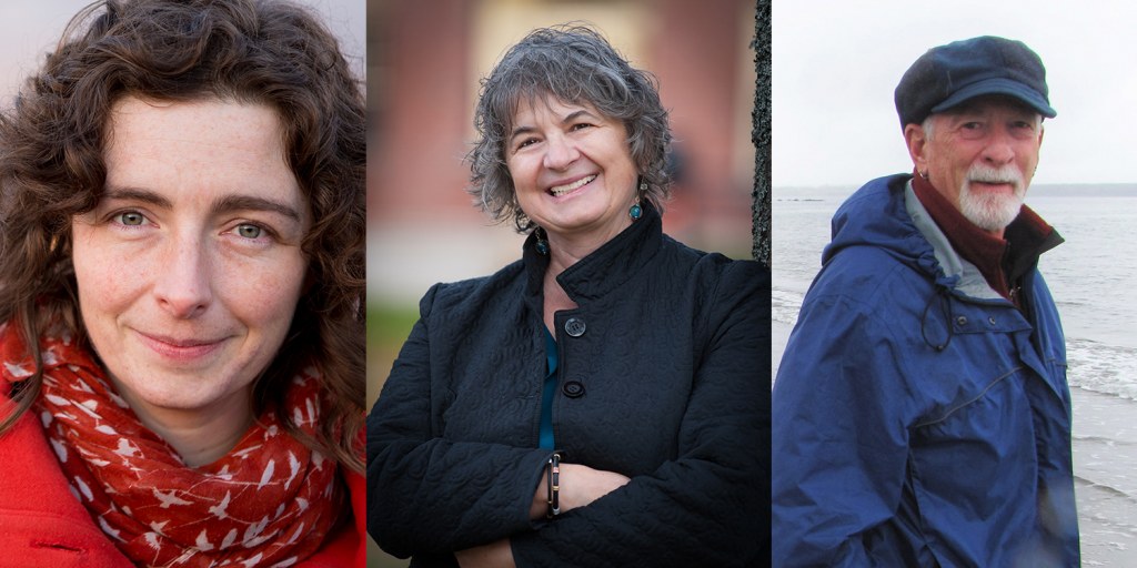 Three photos edited side by side by side. Headshots of two women with dark hair, and a medium close up of a man with a grey beard