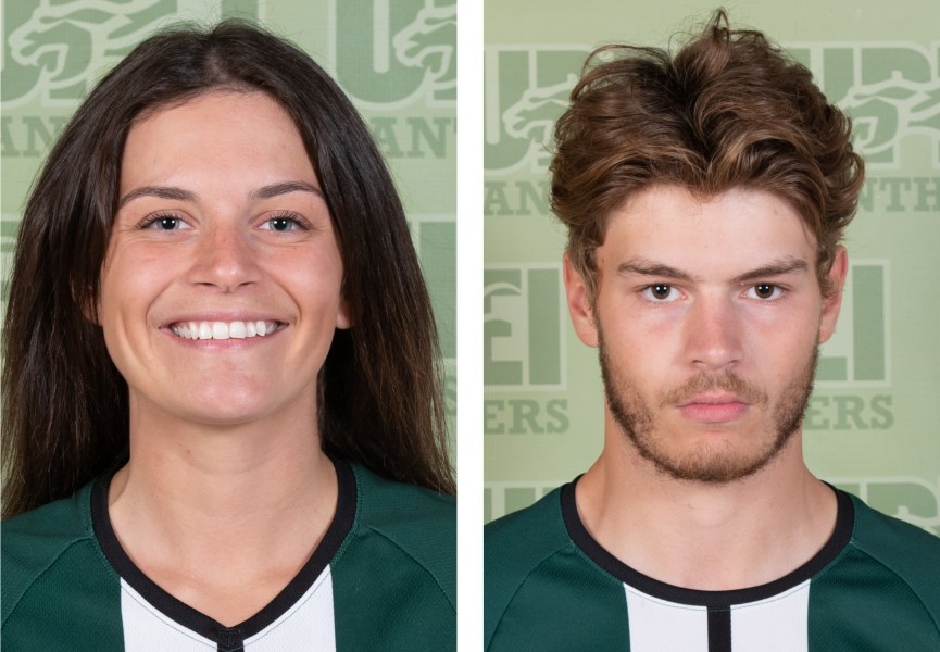 Side-by-side headshots of a female and a male soccer player