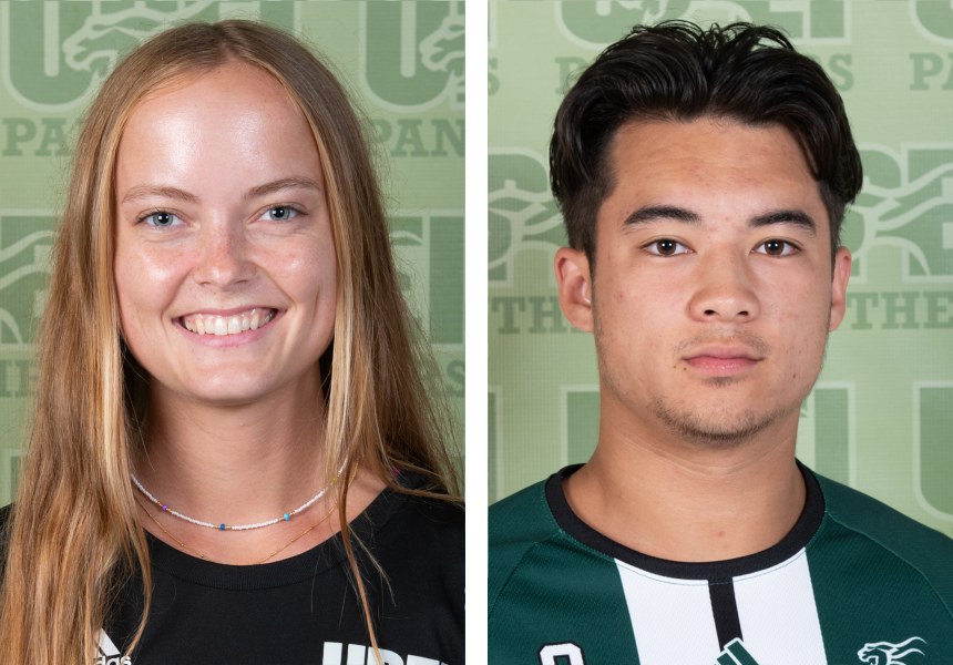 Side-by-side headshots of a female athlete and a male athlete in Panthers gear