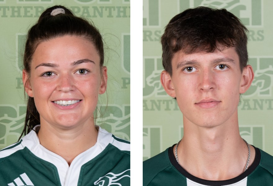 Headshots of a female and a male athlete in green and white Panther gear