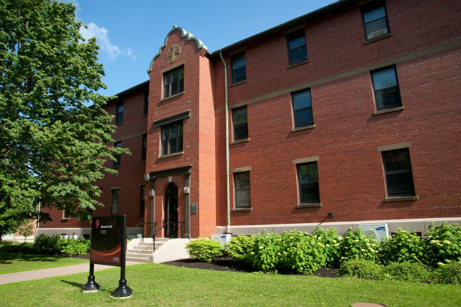 Memorial Hall, home of UPEI's Faculty of Education A symmetrical three-story building of brick and stone with a central entrance