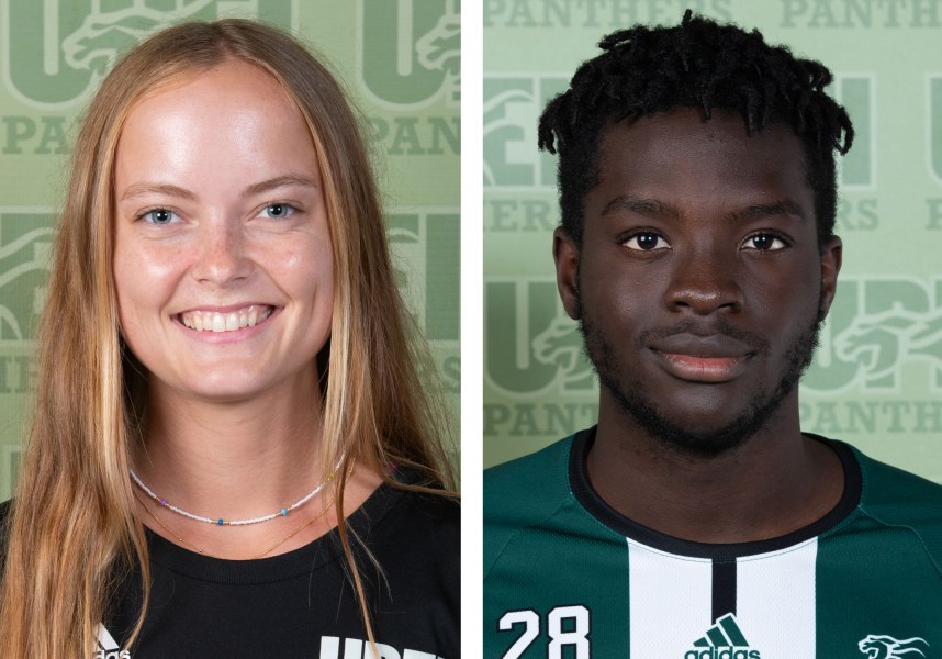 Side-by-side headshots of a female and a male student athlete in Panthers gear