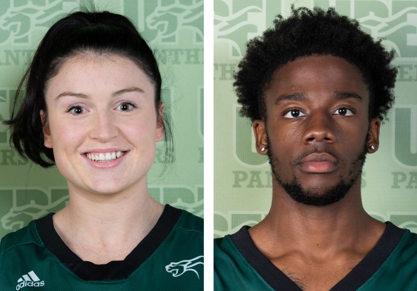 A female and a male athlete in UPEI Panthers uniforms
