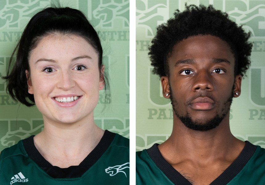 Jenna Mae Ellsworth and Elijah Miller A female and a male athlete in UPEI Panthers uniforms