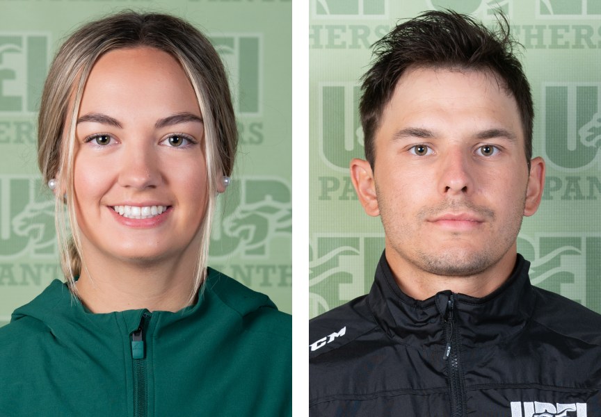 Close-up photographs of a female and a male student athlete in geen Panthers athletics gear